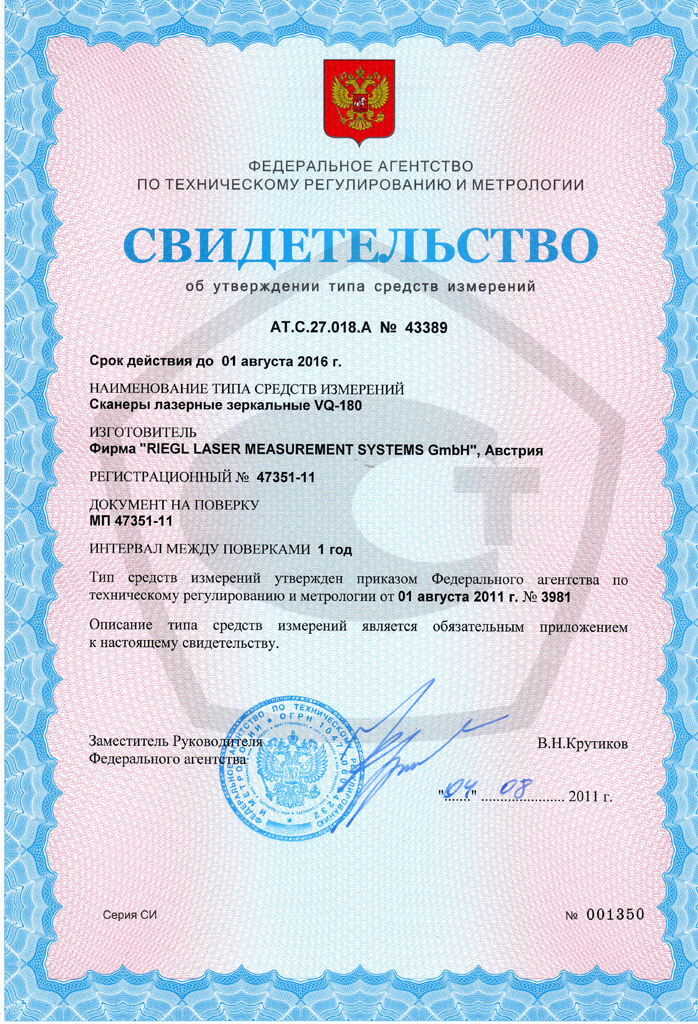 Сертификаты об утверждении типа средств измерений для мобильного лазерного сканера VQ-180