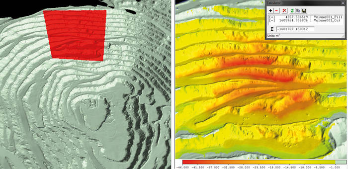 Программное обеспечение RiMINING - пример визуализации вычисления объемов: разница между двумя поверхностями